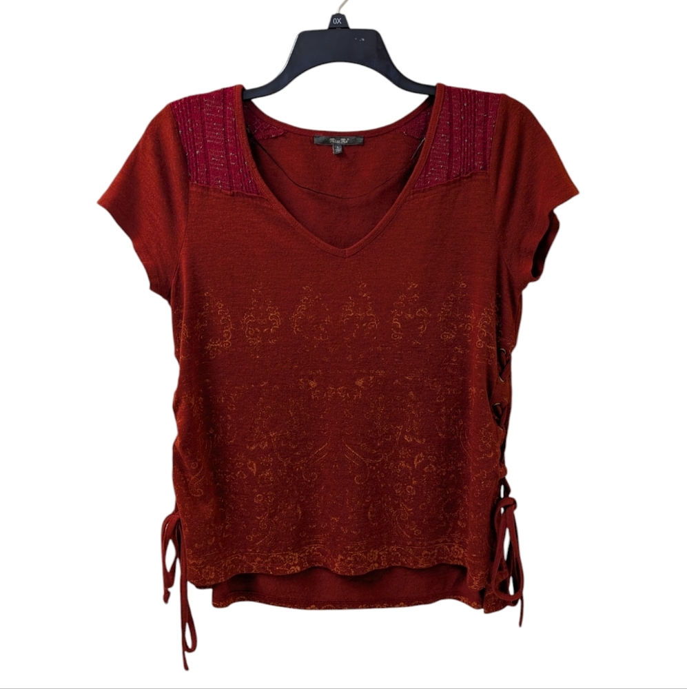 Miss Me Boho y2k Burnt Brick Red Knit Top Women's Large Sexy Tie Up Sides
